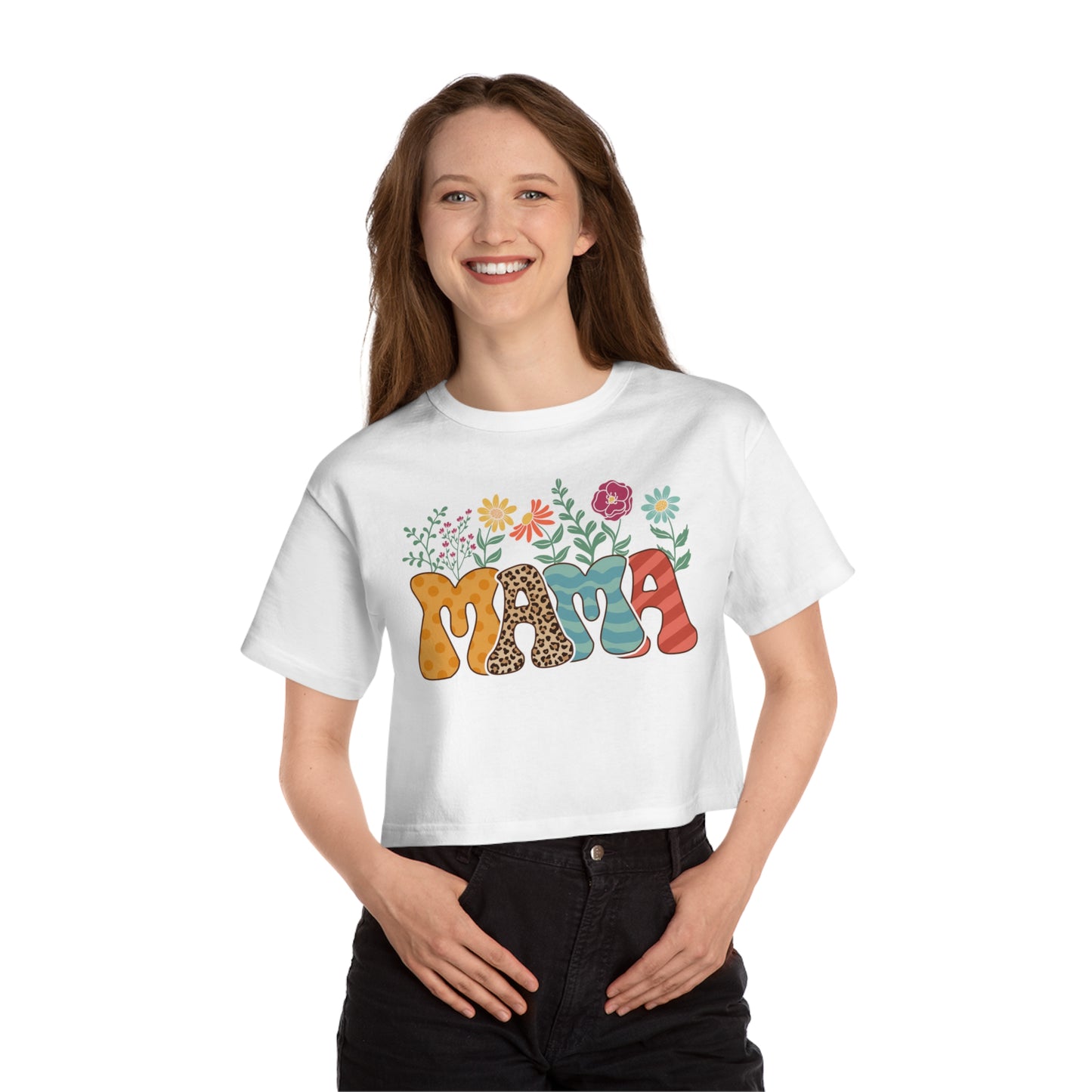 Mother's Day, Mama w/ Flowers, XS-2XL, Champion Women's Heritage Cropped T-Shirt