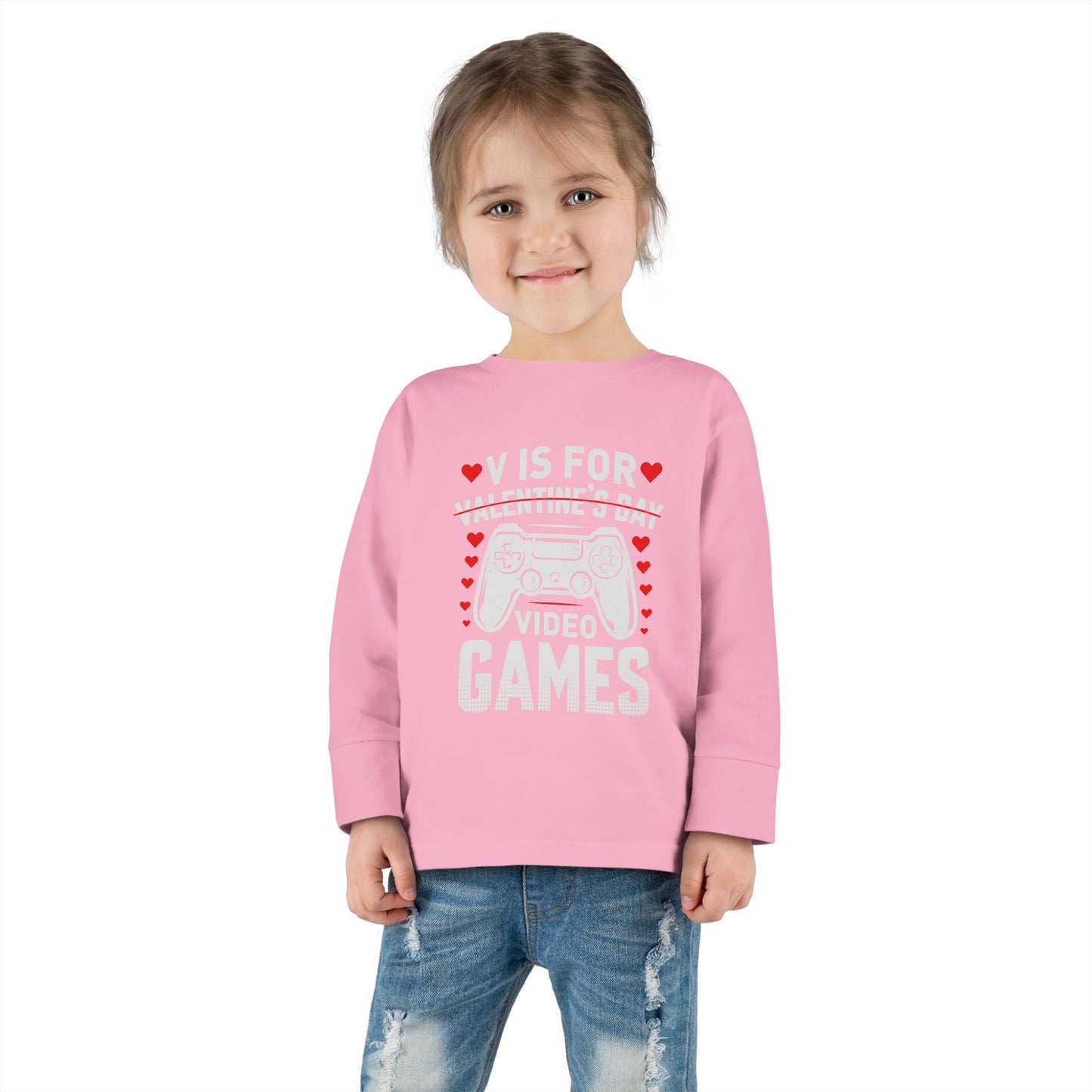 V is for Video Games Valentines Gamer Toddler Long Sleeve Tee