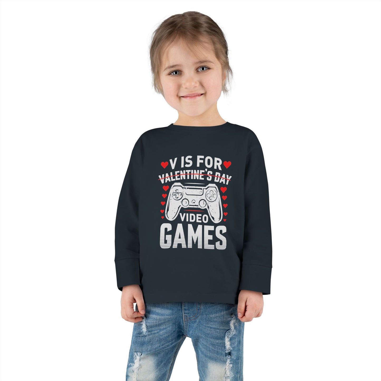 V is for Video Games Valentines Gamer Toddler Long Sleeve Tee