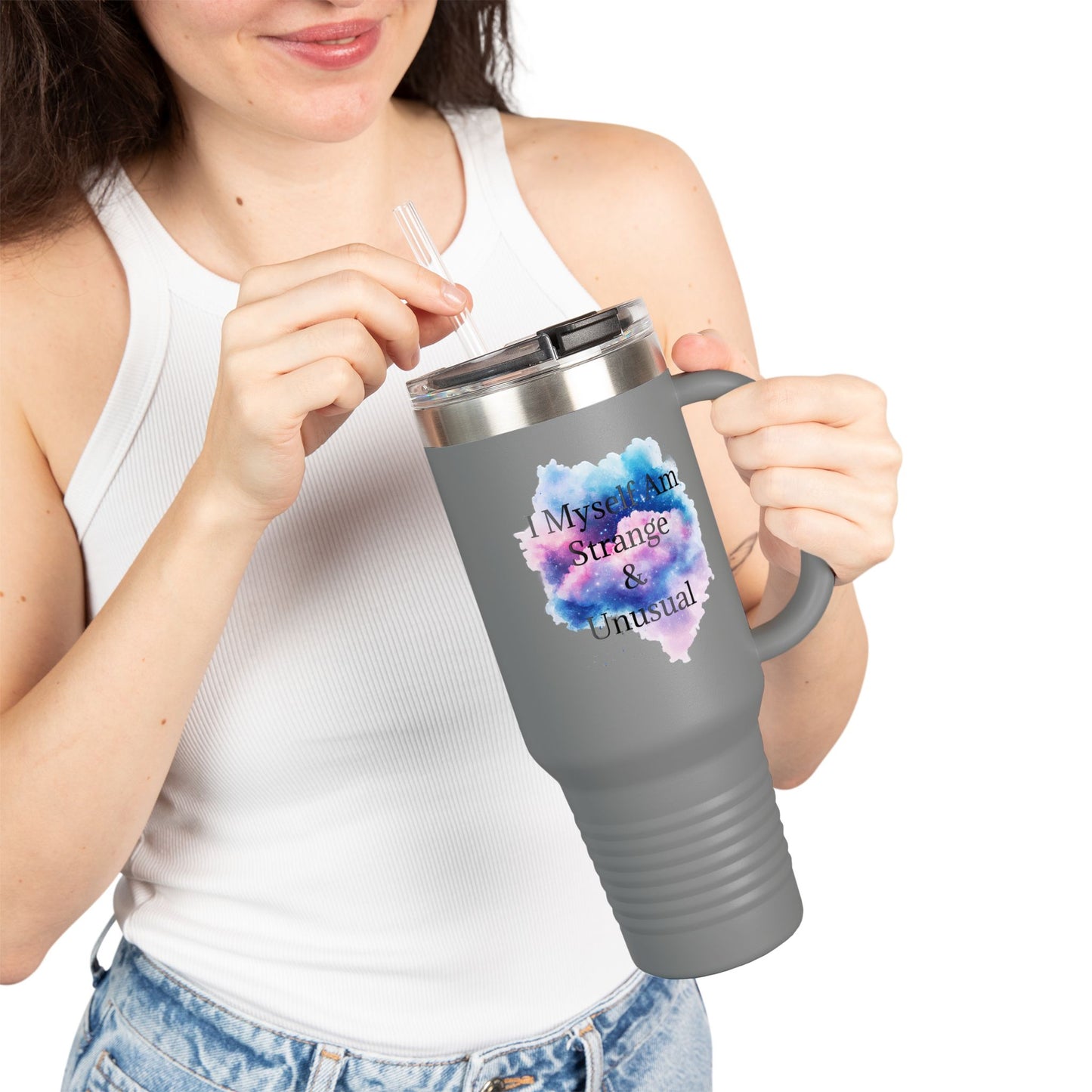 "I Myself Am Strange & Unusual" Whimsical Insulated Galaxy Themed Travel Mug