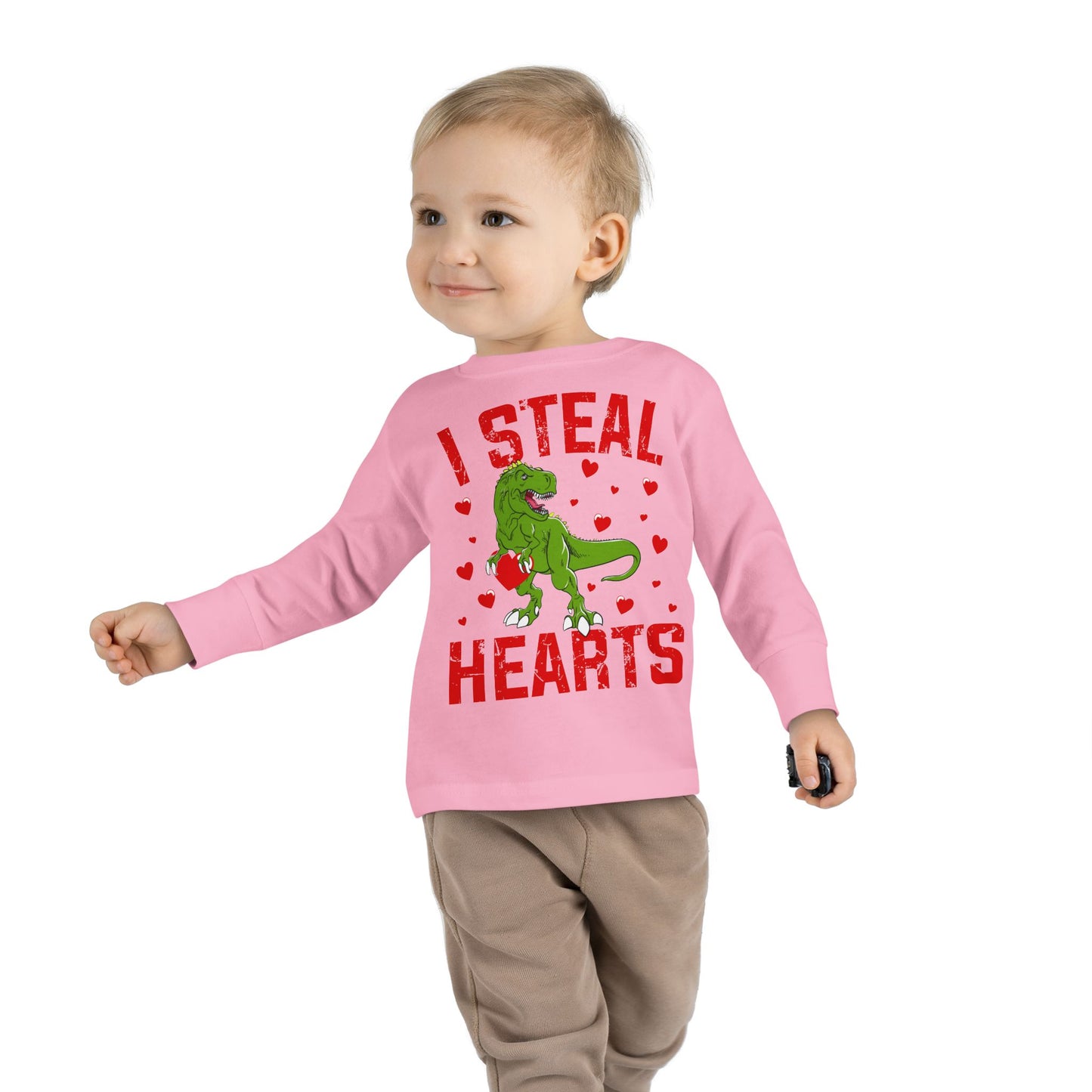 I Steal Hearts Dinosaur Tyranosaurus Valentines Toddler Long Sleeve Tee