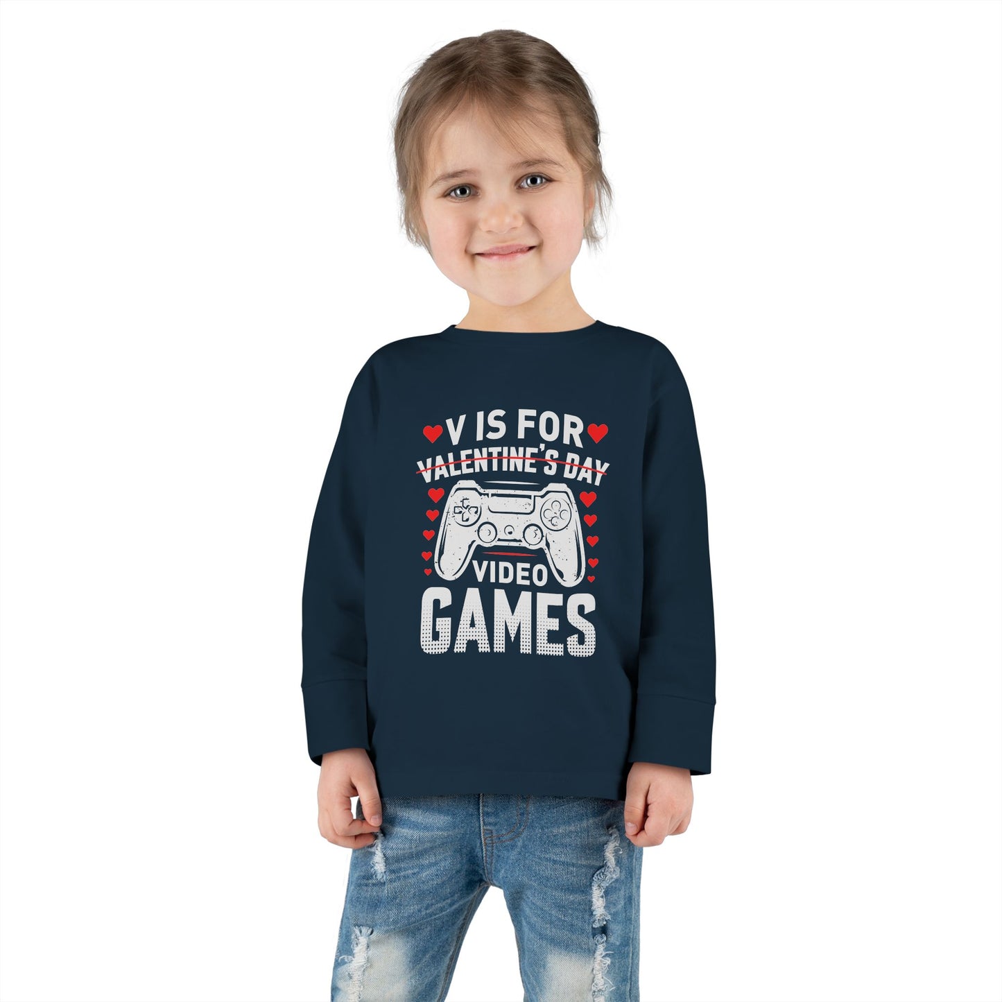 V is for Video Games Valentines Gamer Toddler Long Sleeve Tee