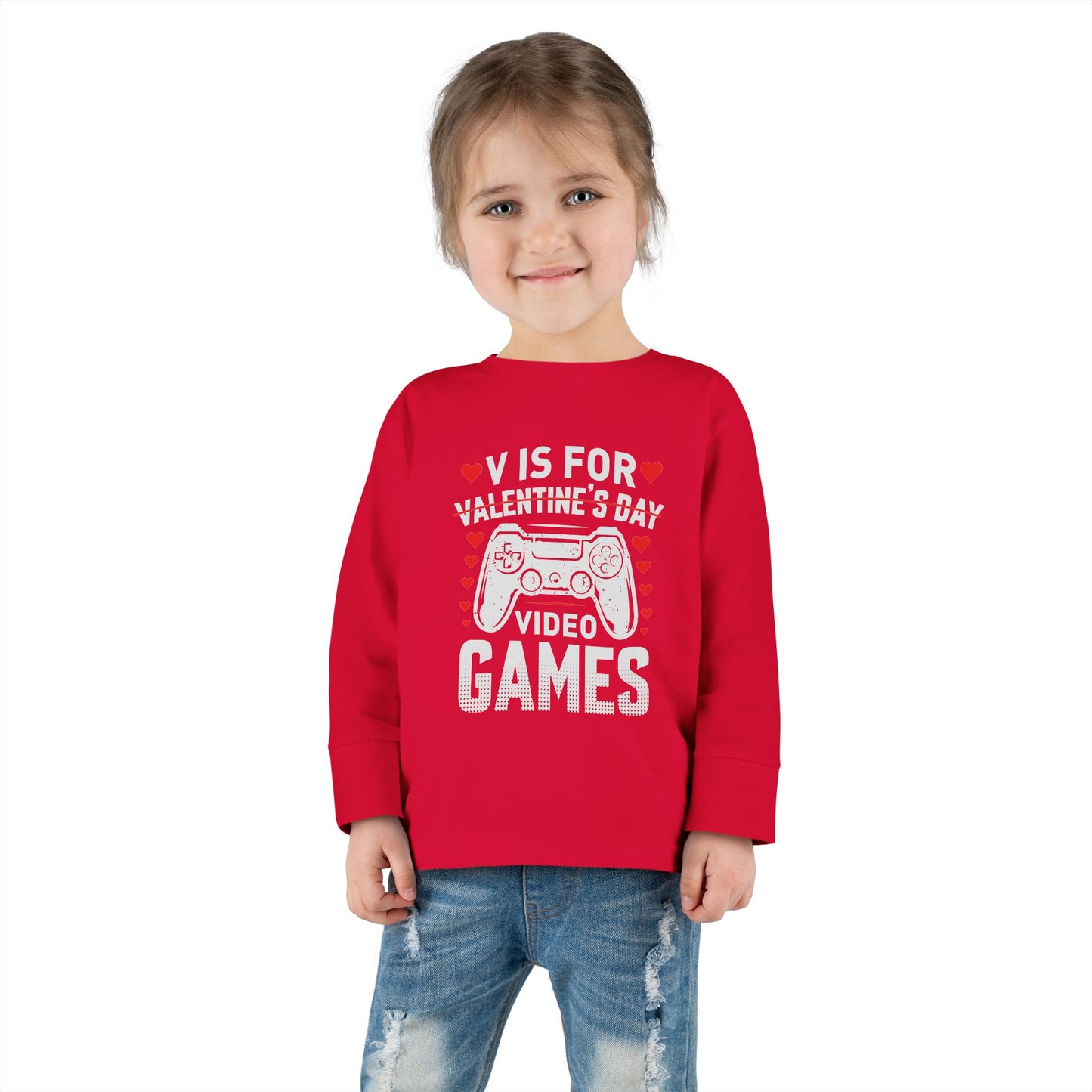 V is for Video Games Valentines Gamer Toddler Long Sleeve Tee