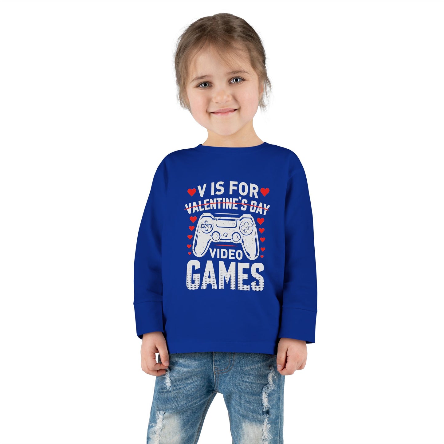 V is for Video Games Valentines Gamer Toddler Long Sleeve Tee