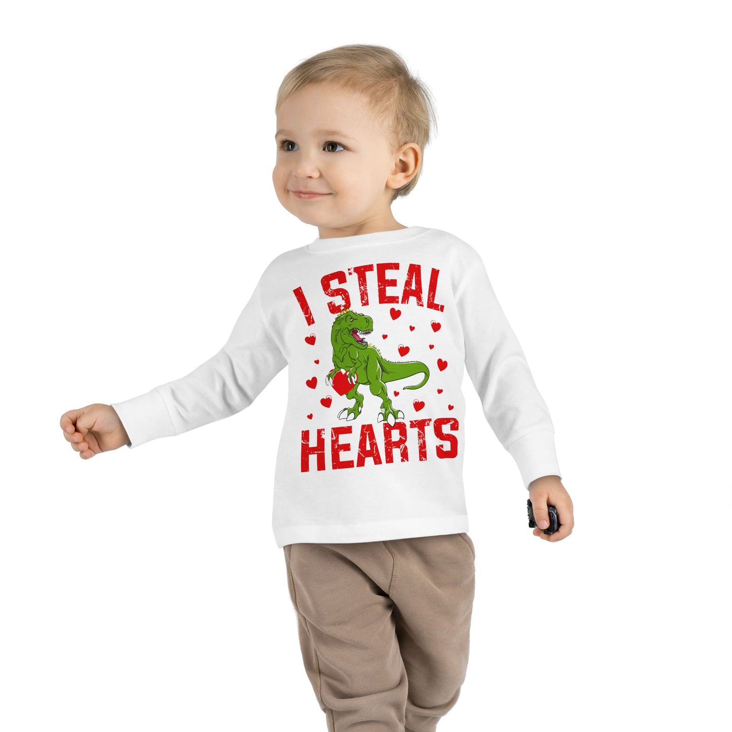 I Steal Hearts Dinosaur Tyranosaurus Valentines Toddler Long Sleeve Tee