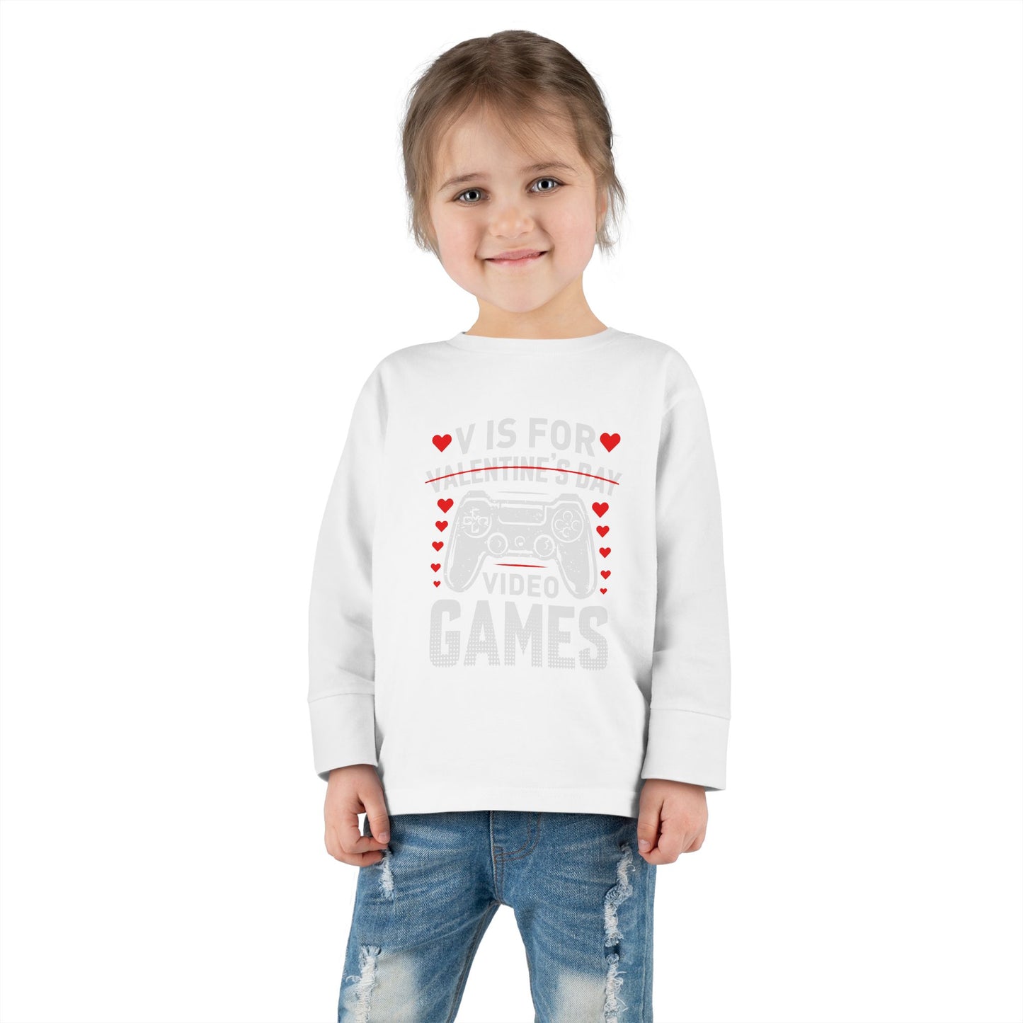 V is for Video Games Valentines Gamer Toddler Long Sleeve Tee