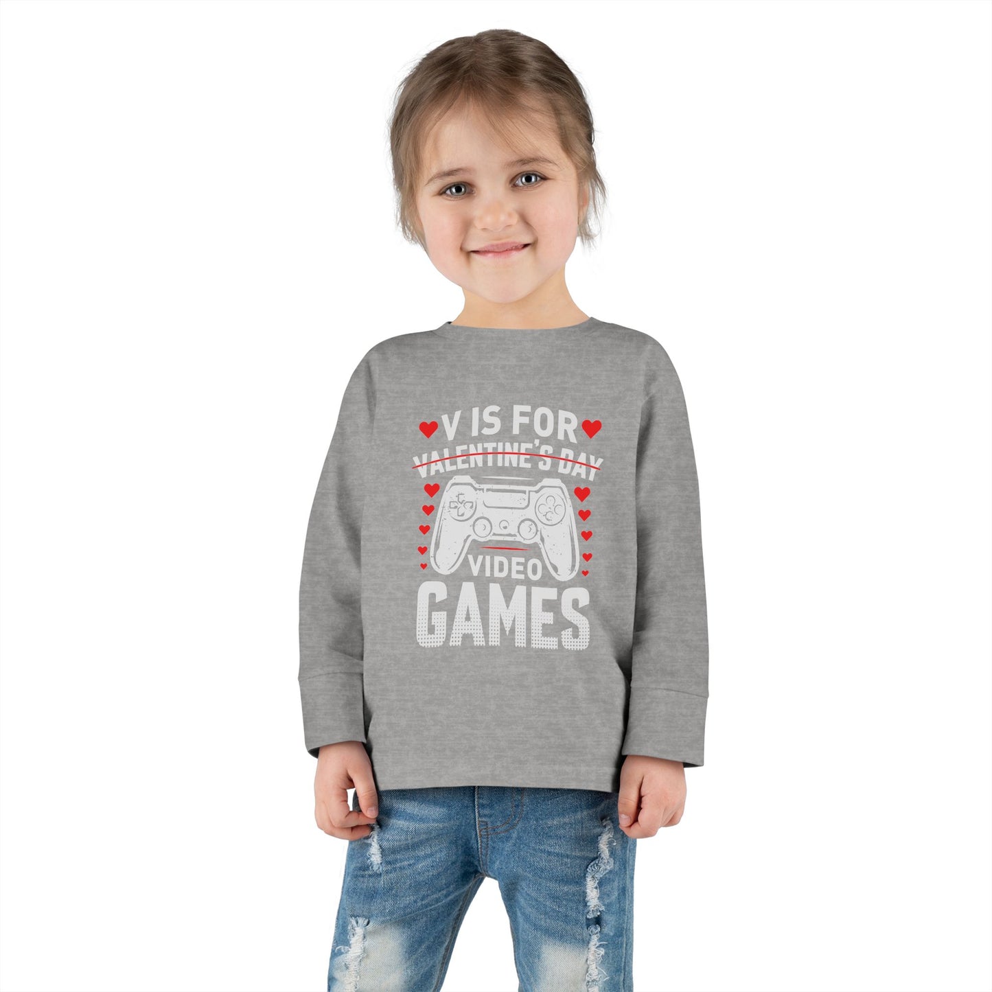 V is for Video Games Valentines Gamer Toddler Long Sleeve Tee