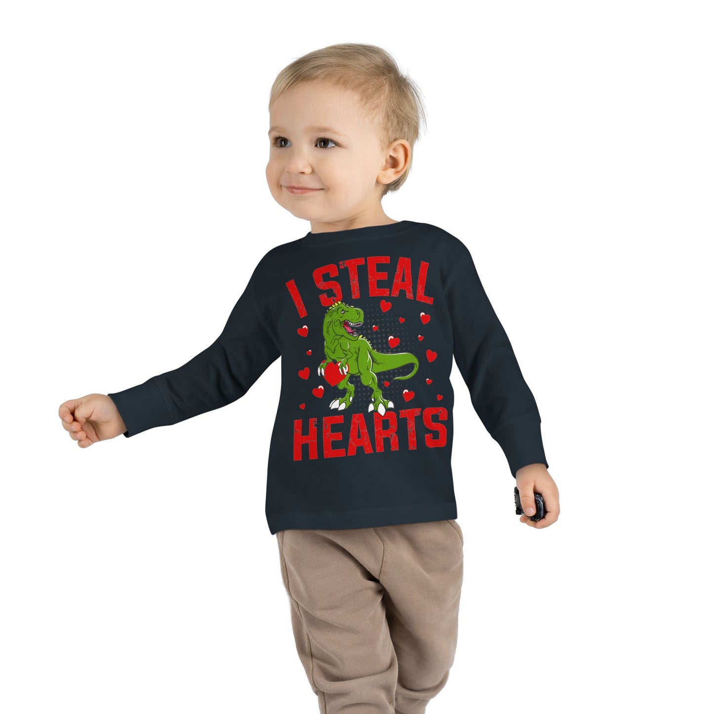 I Steal Hearts Dinosaur Tyranosaurus Valentines Toddler Long Sleeve Tee