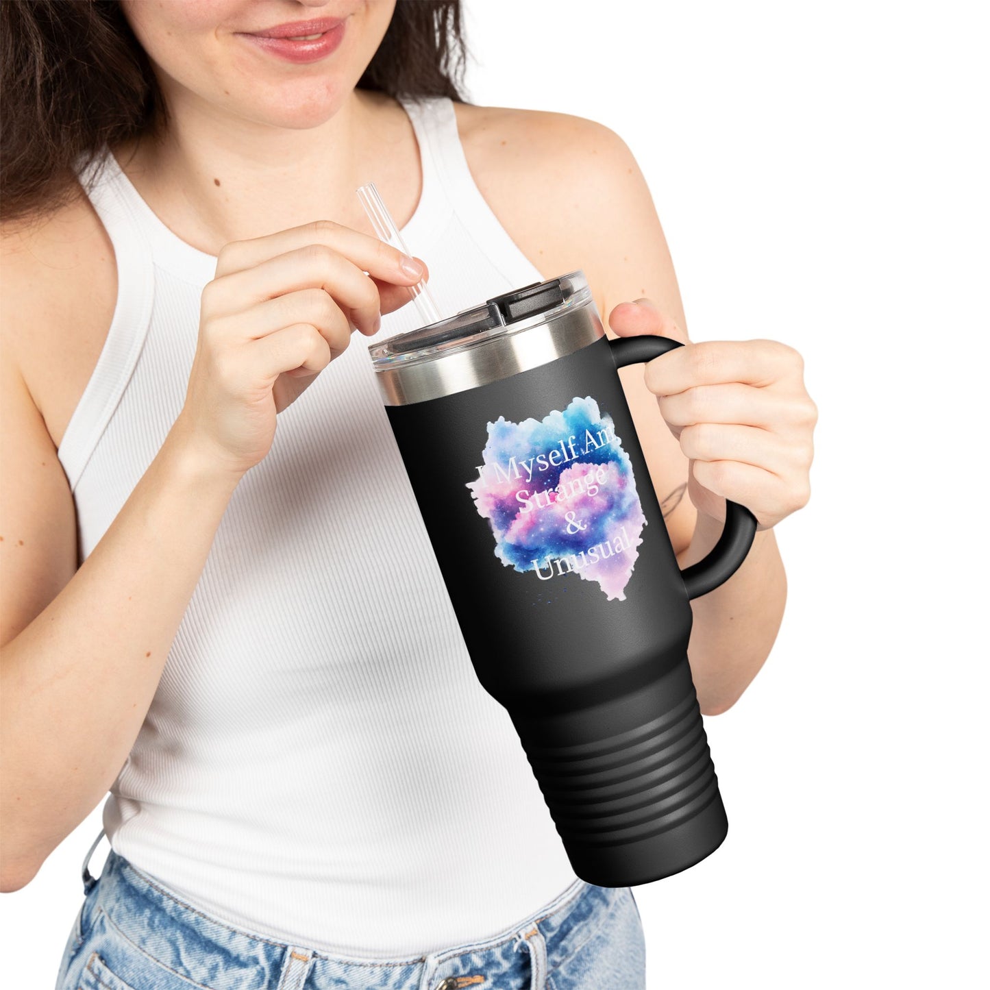 "I Myself Am Strange & Unusual" Whimsical Insulated  Galaxy Themed Travel Mug