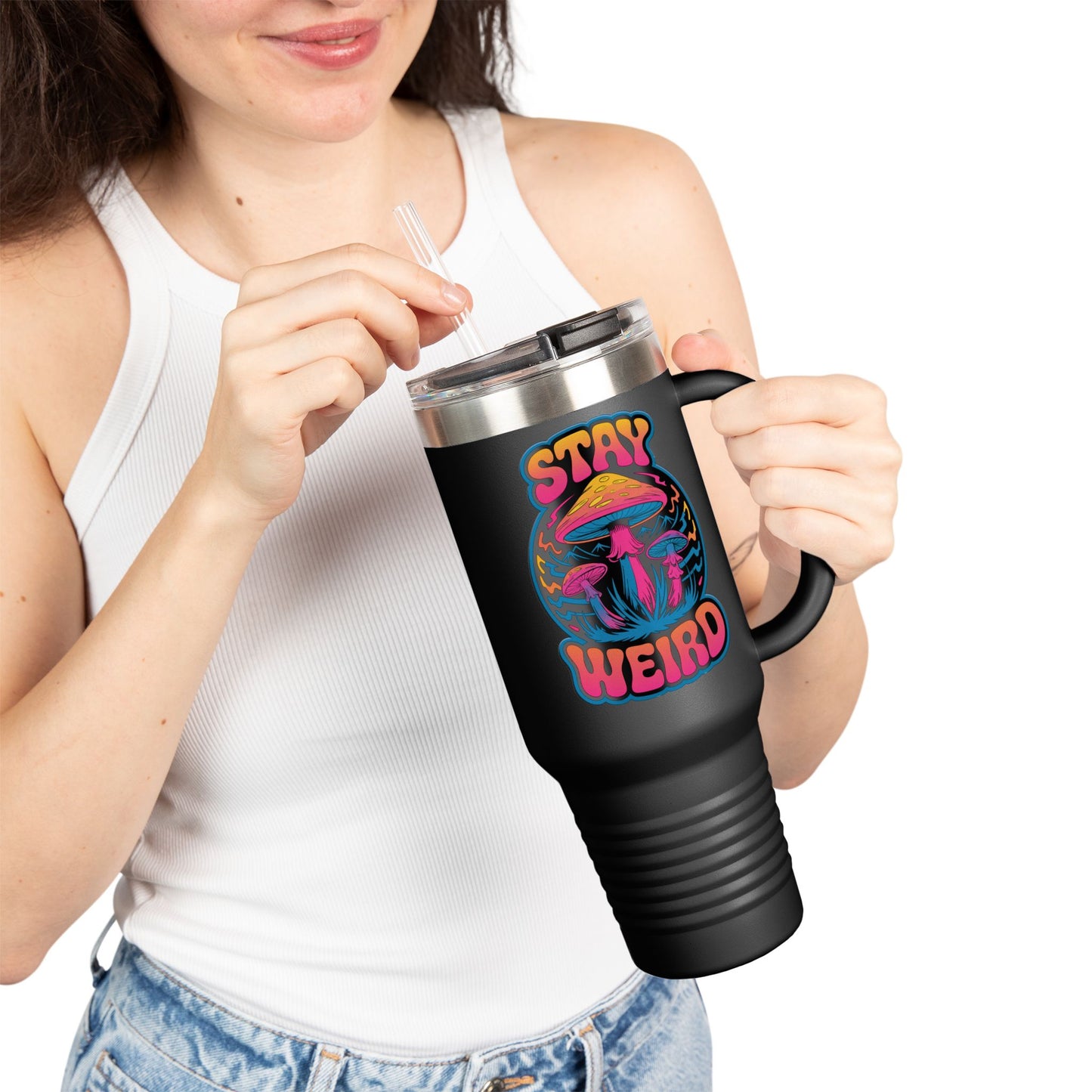 Stay Weird Shrooms Insulated Travel Mug, 40oz