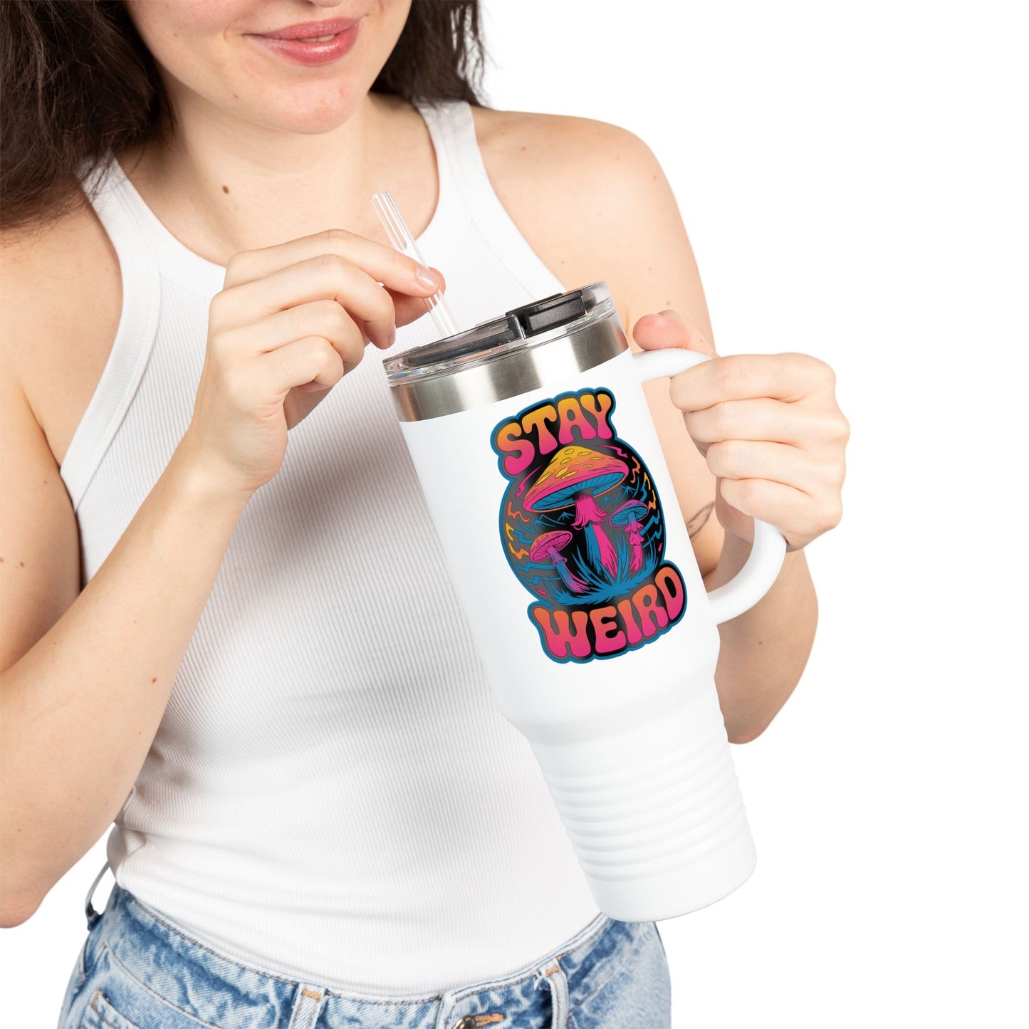 Stay Weird Shrooms Insulated Travel Mug, 40oz