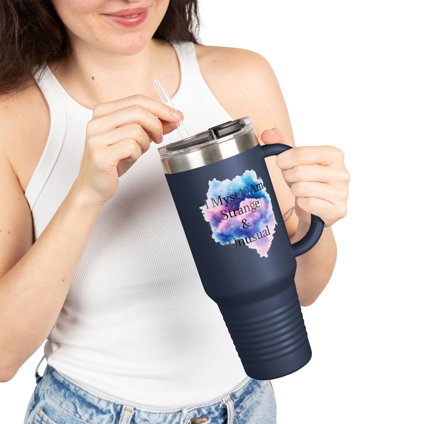 "I Myself Am Strange & Unusual" Whimsical Insulated  Galaxy Themed Travel Mug
