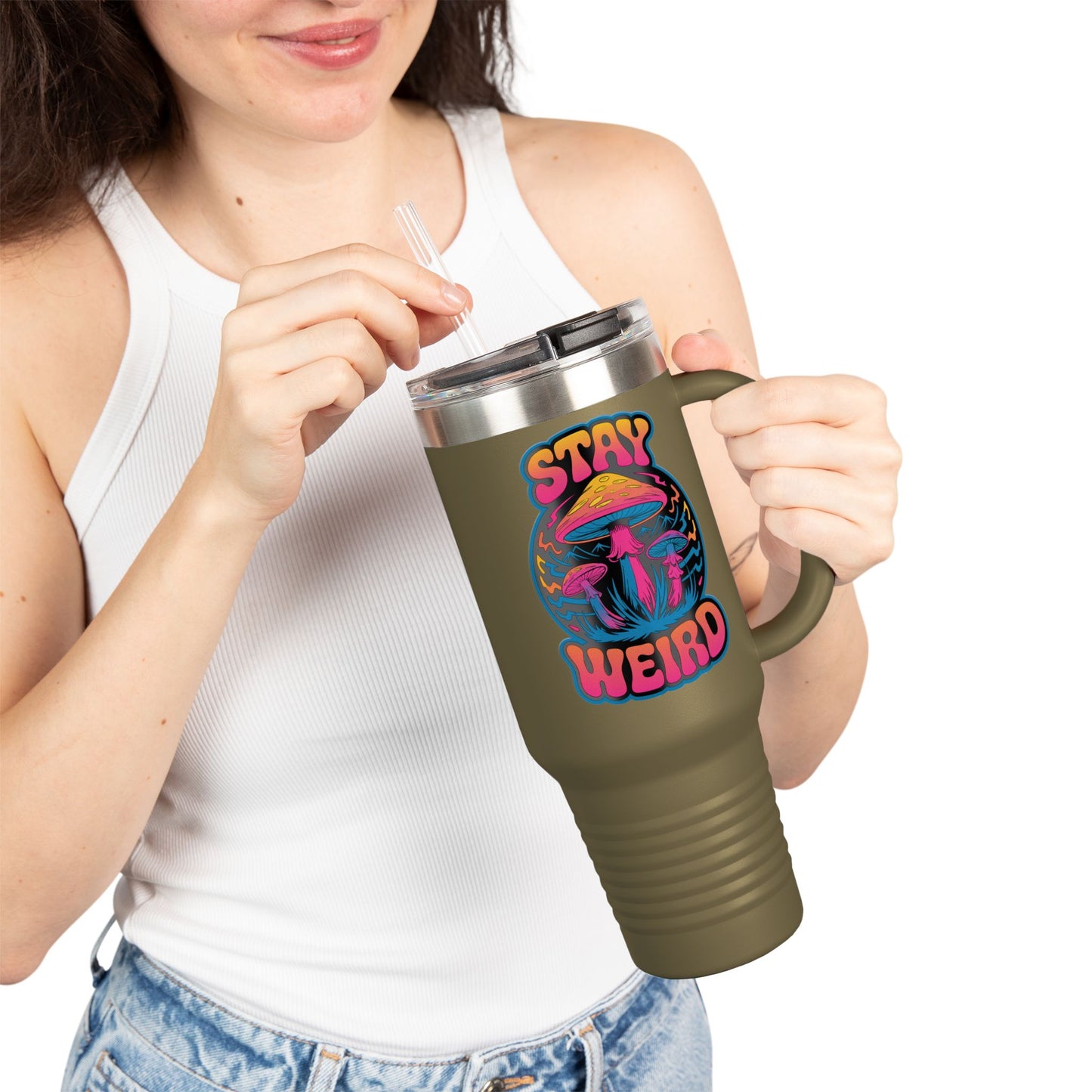 Stay Weird Shrooms Insulated Travel Mug, 40oz