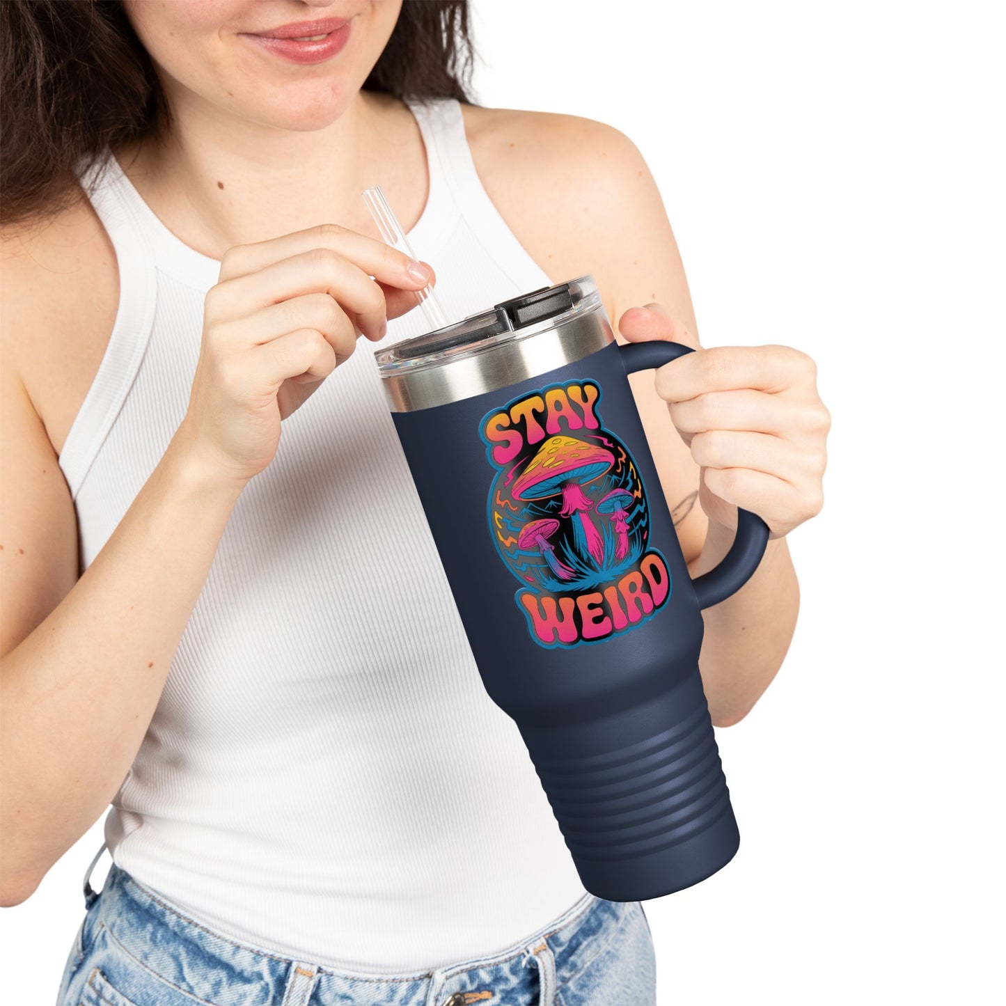 Stay Weird Shrooms Insulated Travel Mug, 40oz
